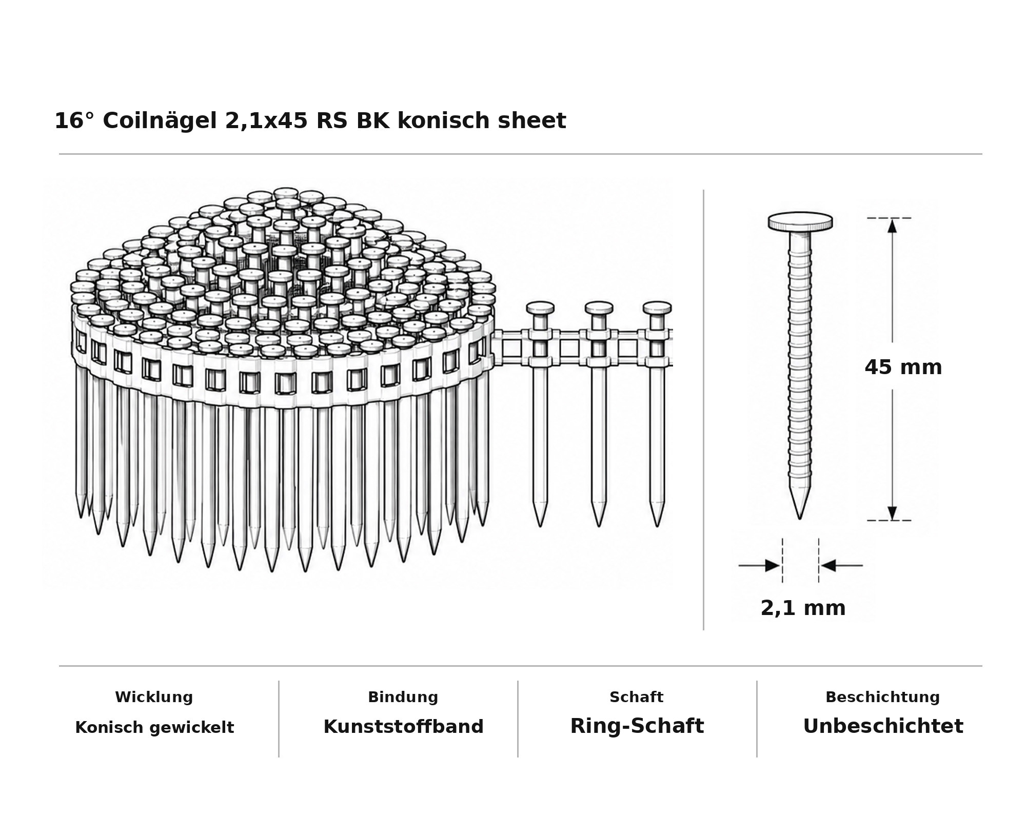 16° Coilnägel 2,1x45 RS BK konisch sheet