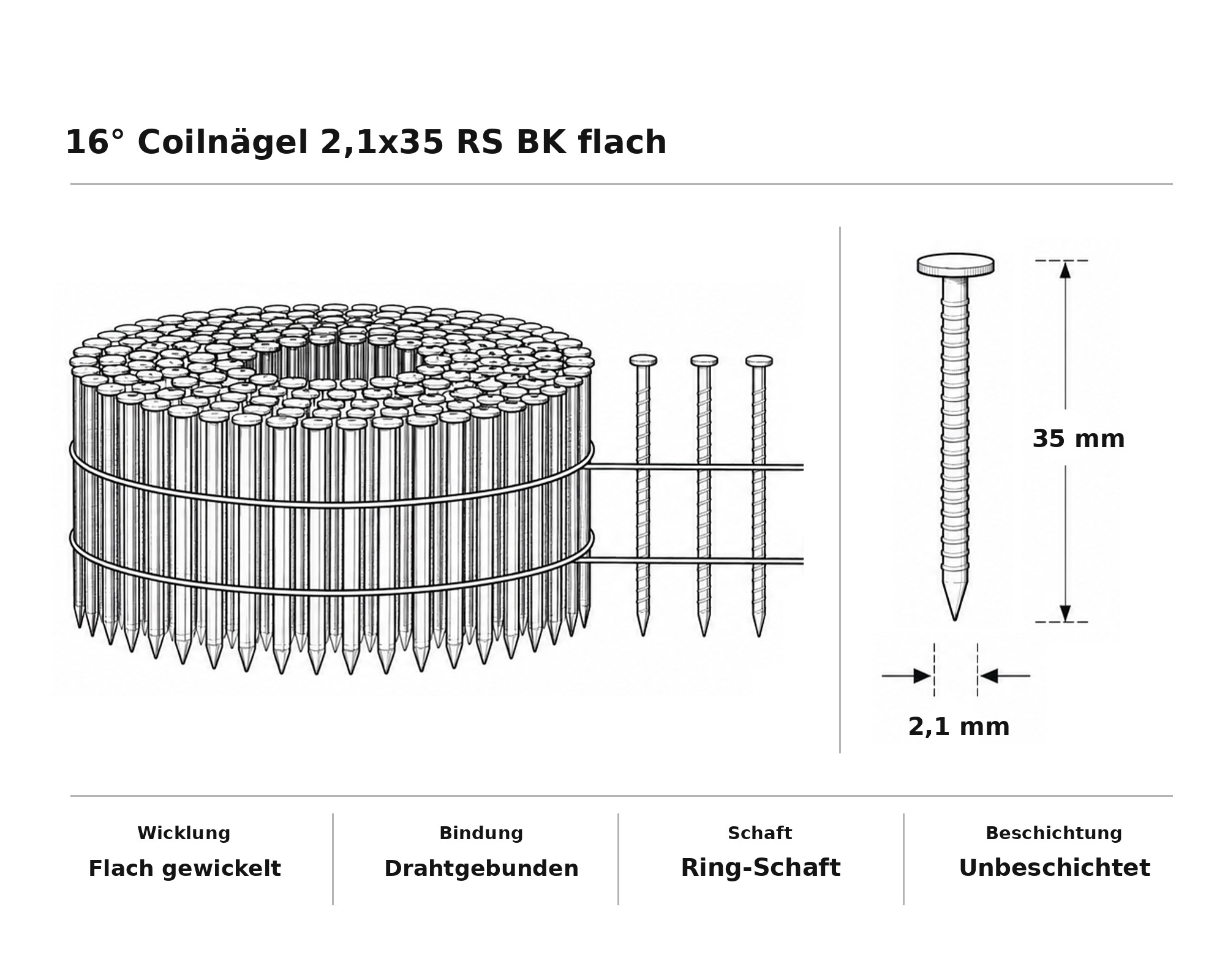 16° Coilnägel 2,1x35 RS BK flach