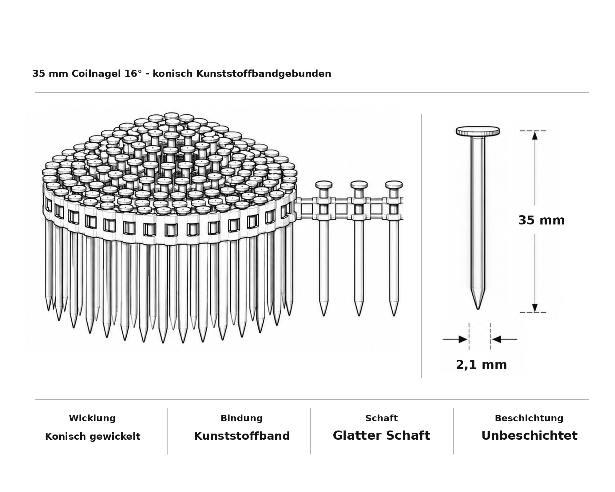 35 mm Coilnagel 16° - konisch Kunststoffbandgebunden