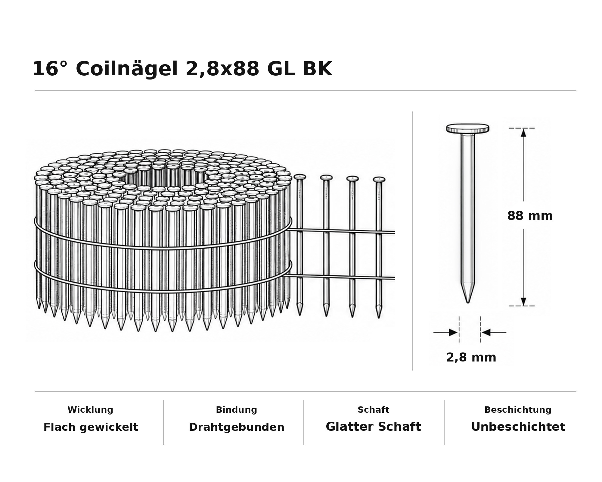 16° Coilnägel 2,8x88 GL BK