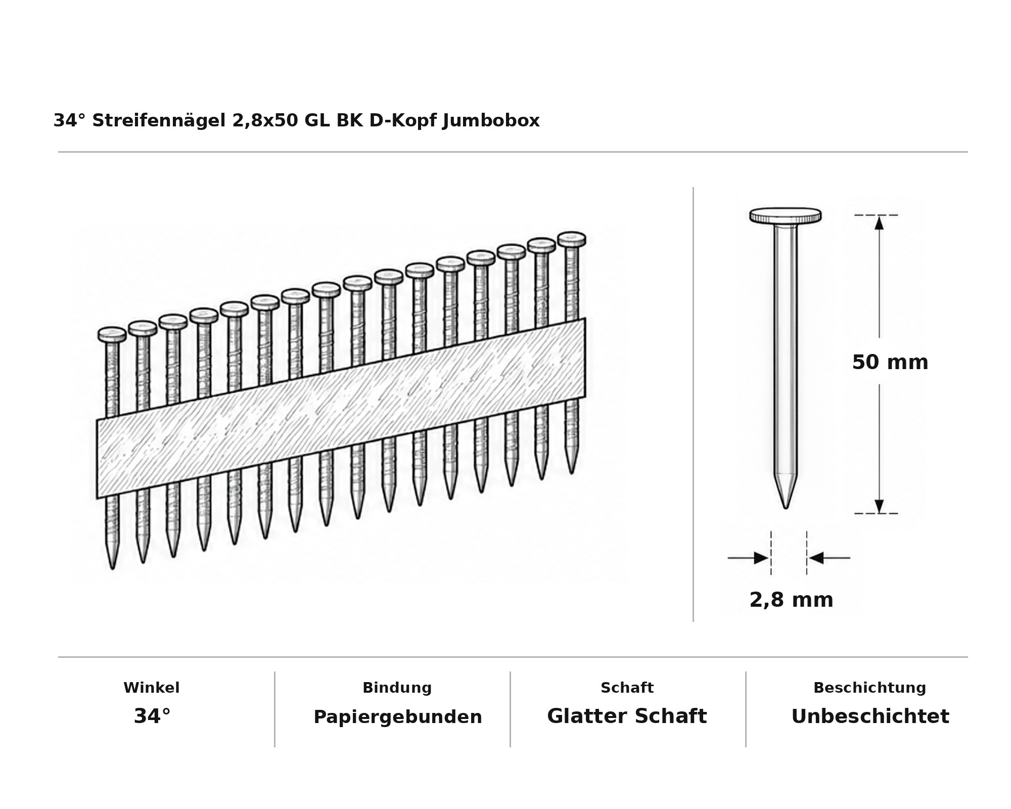 34° Streifennägel 2,8x50 GL BK D-Kopf Jumbobox