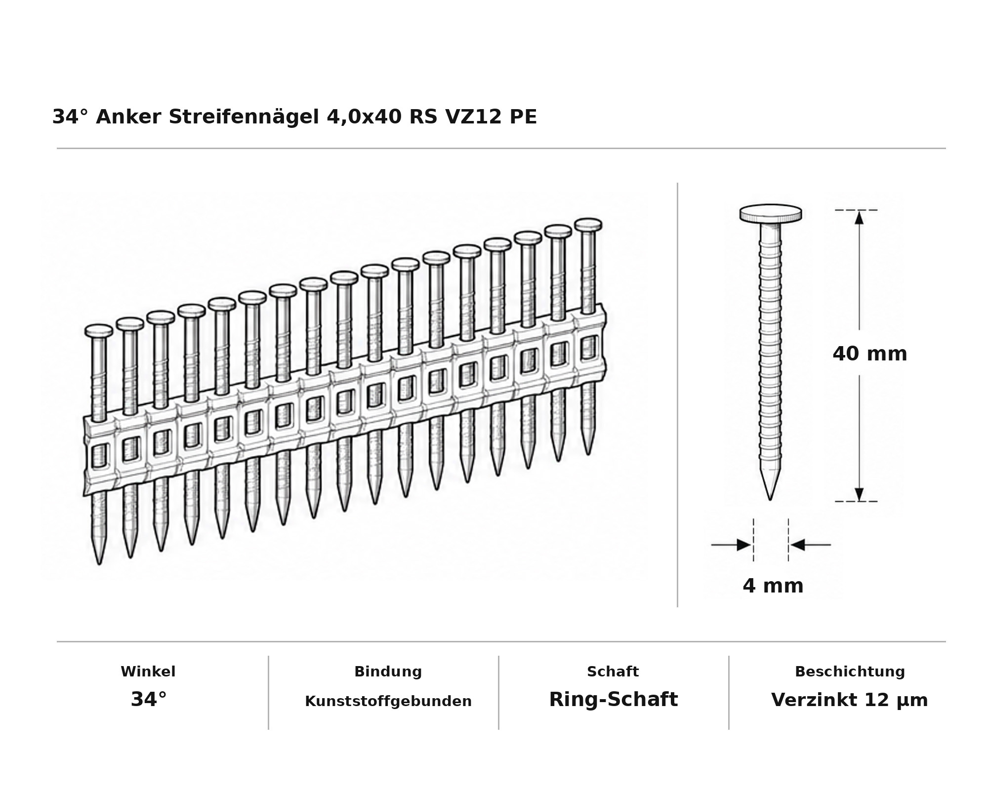 34° Anker Streifennägel 4,0x40 RS VZ12 PE