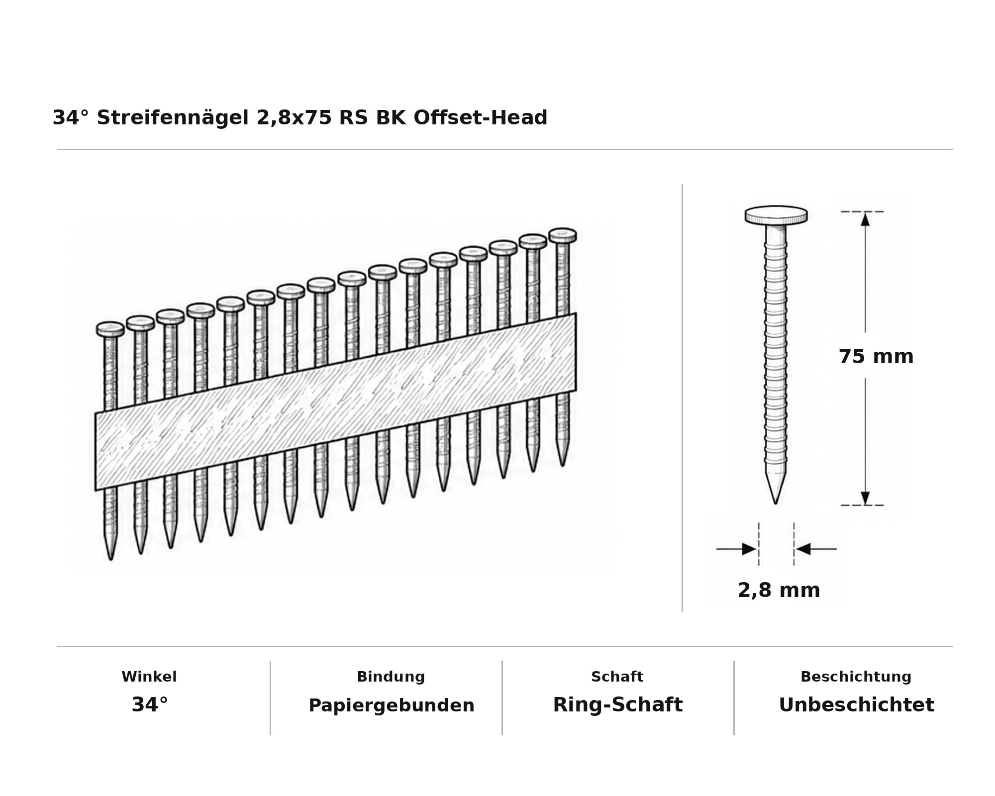 34° Streifennägel 2,8x75 RS BK Offset-Head
