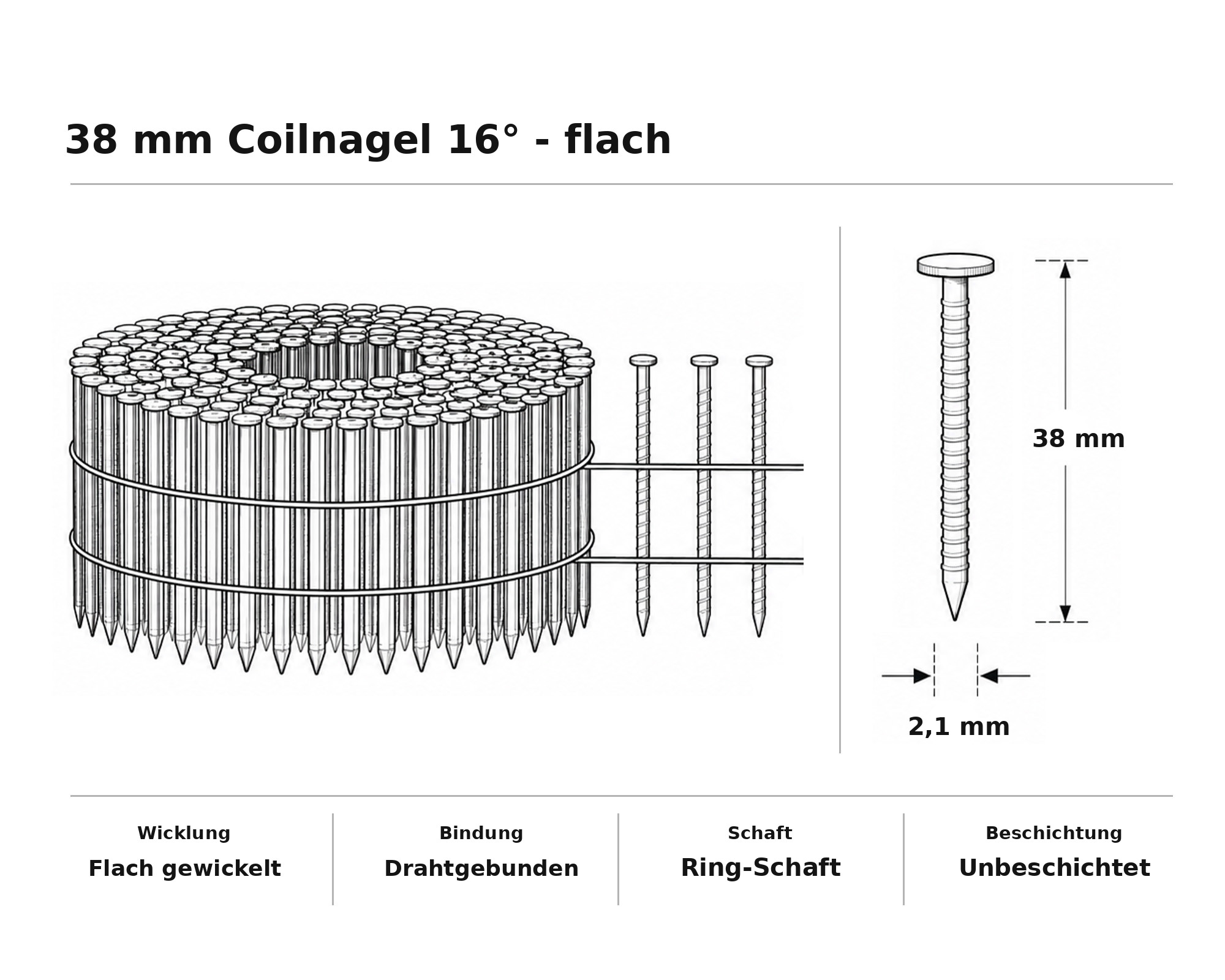 38 mm Coilnagel 16° - flach
