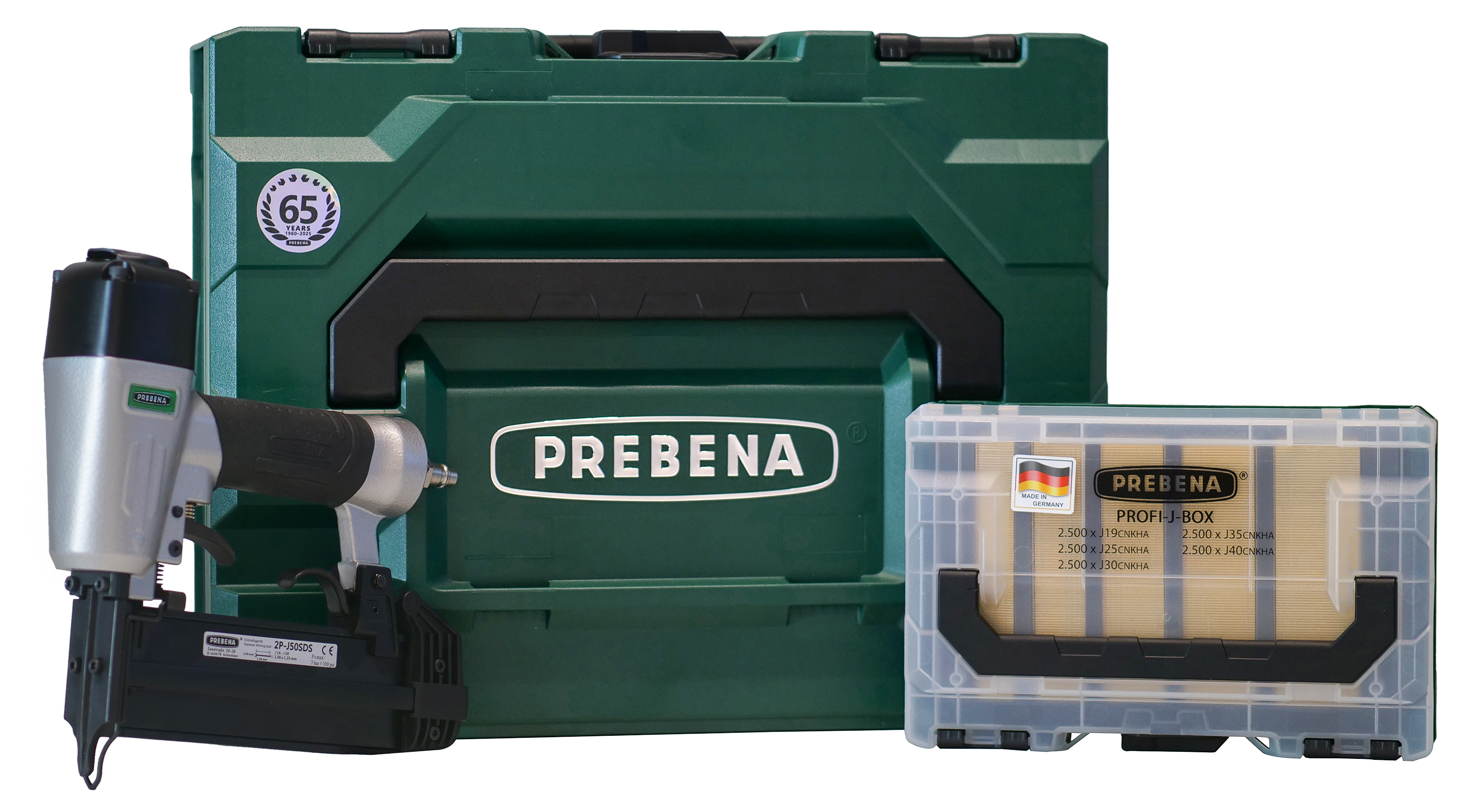 PREBENA 2P-J50SDS-SE Druckluftnagler für 16-50mm und PROFI-J-BOX in der baustellengerechten metaBOX